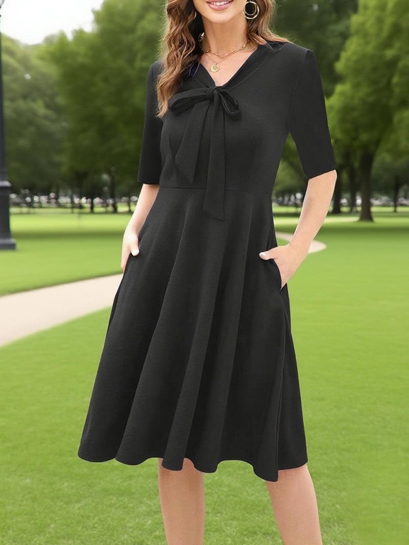 oxiuly Women's Vintage Bow Tie V-Neck Pockets Casual Work Party Cocktail Swing A-line Dresses OX278 (XXL, Black Solid 5) - Image 2